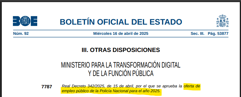 Oferta de Empleo Público 2025 - Policía Nacional: 2764 plazas