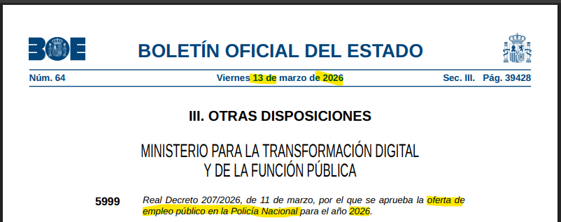 Oferta Empleo Público 2026 - Policía Nacional 2704 plazas